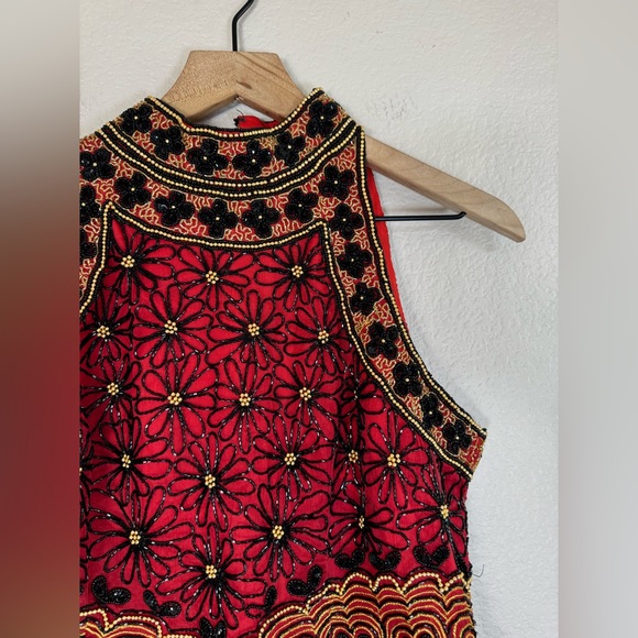 Papell Boutique Evening 100% Silk Beaded Sequin Halter Blouse Black Red size L - Picture 4 of 11